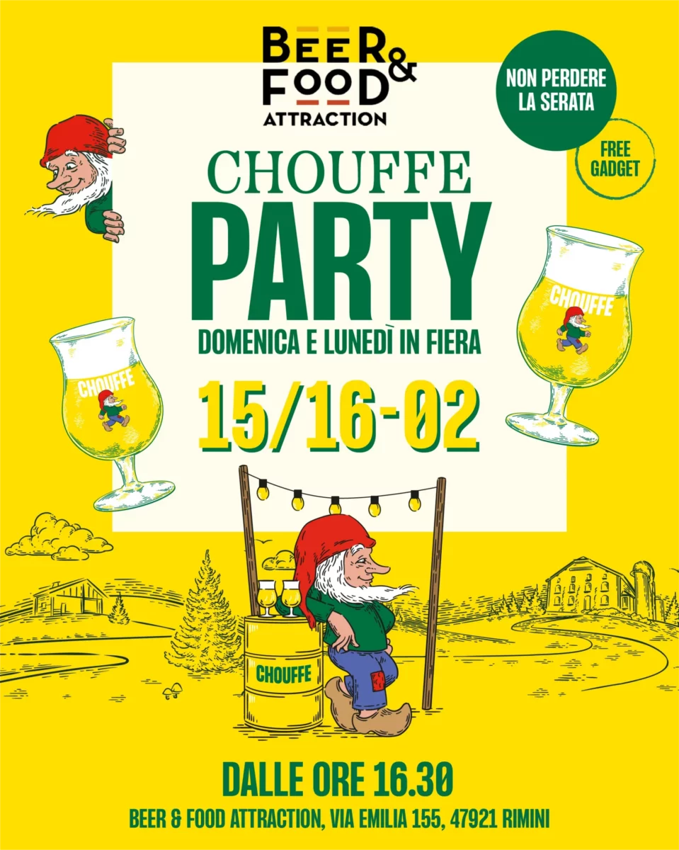 Locandina dell'evento Chouffe Party a Beer & Food Attraction 2026 presso lo stand del Birrificio del Ducato, con l'iconico gnomo Marcel e le birre belga Chouffe.