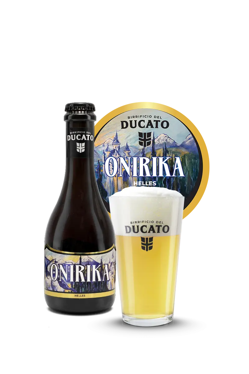 bottiglia, bicchiere e bollo spina di onirika helles di birrificio del ducato